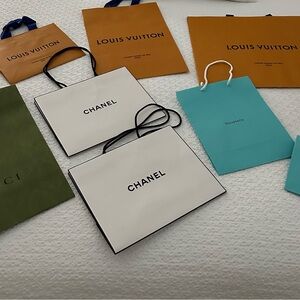 Designer Shopping Bags - 2 Chanel, 3 Louis Vuitton, 1 Gucci, 1 Hermes, 2 Tiffany